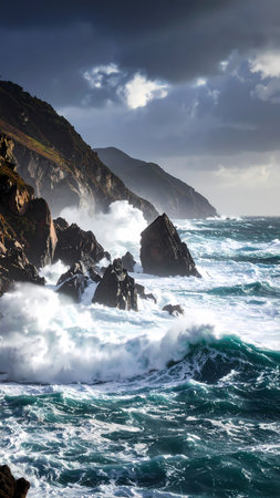Dramatic powerful stormy sea waves crashing on rugged rock coast. majestic nature landscape view from cliff over ocean waterの素材