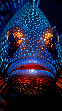 Vibrant colorful close up of surprising fish face. Big blue and orange eye on marine creature underwater in deep dark ocean lifeの素材