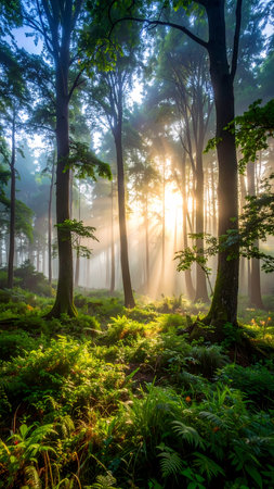 Tranquil forest with magical sun light beam and ray through green tree. peaceful nature landscape background with morning mist and fogの素材