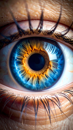 Beautiful macro close up of human eye with blue and yellow iris. pupil shows intense focus, concept of clear human visionの素材