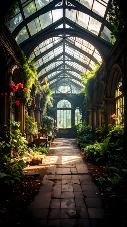 Tranquil, serene greenhouse conservatory with sunlight on stone pathway. Green plant and flora fill arched architecture interiorの素材