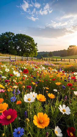 Peaceful colorful flower field in nature. Serene landscape of wildflower meadow at sunset. Beautiful vibrant calm outdoor country sceneryの素材