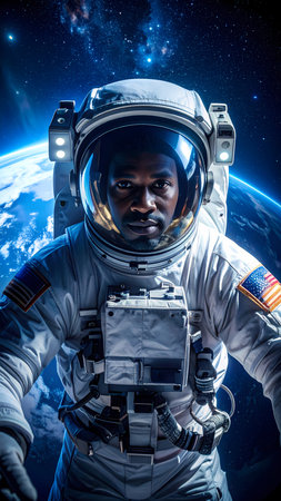 Determined Black astronaut in spacesuit floats in outer space with planet Earth and galaxy in background. vision of science explorationの素材