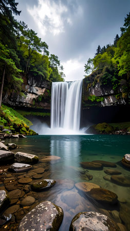 Serene long exposure of waterfall flowing into tranquil river. Green forest trees and rock formations surround clear water landscapeの素材