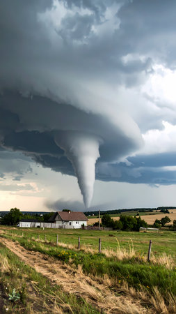 Dramatic supercell storm with dangerous tornado twister forms in rural landscape. This extreme weather cyclone shows nature powerの素材