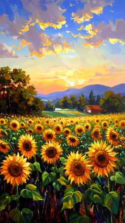 Serene painting of sunflower field at sunset. beautiful rural landscape on farm with scenic flower field under colorful skyの素材
