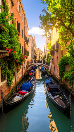 Romantic Venice canal scene with gondola on calm water. Historic buildings and scenic bridge create classic Italy travel view in summerの素材