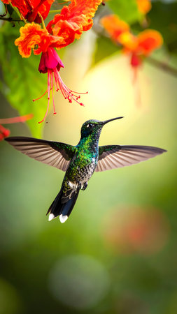 Graceful green hummingbird flying in nature. tiny wildlife bird hovers near vibrant red tropical flower, moment of natural freedomの素材
