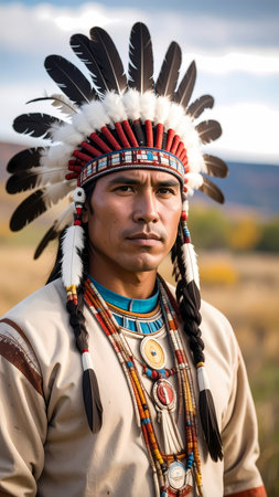 Proud Native American man with serious expression wears traditional feather headdress outdoors. Portrait of handsome warrior chiefの素材