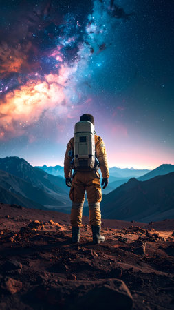 Lone astronaut in spacesuit on rocky mountain landscape feeling wonder while gazing at colorful galaxy, stars, and outer spaceの素材