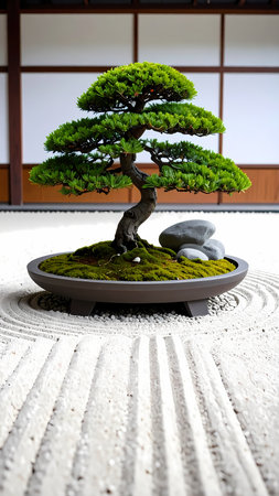 Serene bonsai tree in pot within japanese zen garden. Raked sand, rock, and moss create feeling of harmony, peace and tranquilityの素材