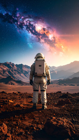 Lone astronaut explorer standing on red planet landscape feels awe watching vibrant galaxy in space. future adventure in cosmosの素材