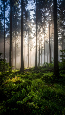 Serene forest landscape with sunlight beaming through misty, magical woodland of tall tree and green moss creating peaceful moodの素材