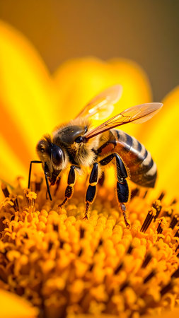 Diligent honeybee on vibrant yellow flower, macro close up of summer pollination in nature. focused insect works in sunの素材