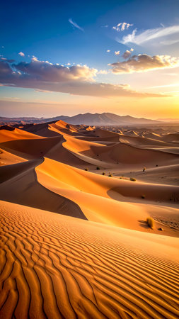 Serene golden sunset over vast desert landscape. Warm orange light on sand dune with mountain on horizon under beautiful blue skyの素材