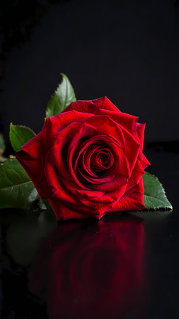 Passionate single red rose flower with green leaf on dark background. beautiful, romantic, and elegant symbol of love and beautyの素材