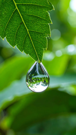 Serene macro of pure, clear water droplet on fresh green leaf. droplet shows beautiful reflection of nature in backgroundの素材