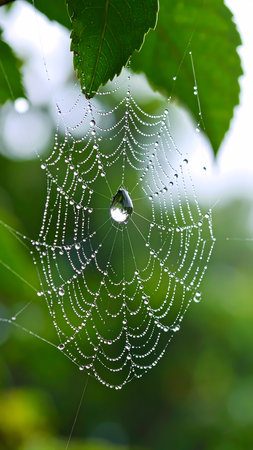 Serene spiderweb with delicate water drop dew hanging from green leaf in nature. Calm morning in fresh garden after cleansing rainの素材
