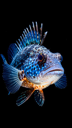 Colorful painted greenling fish with blue spot and spiky orange fin. An exotic aquatic animal isolated on gray background showing serious faceの素材