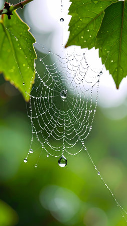 Serene macro closeup of delicate spiderweb with water drop after rain. This natural green background shows morning dew on patternの素材