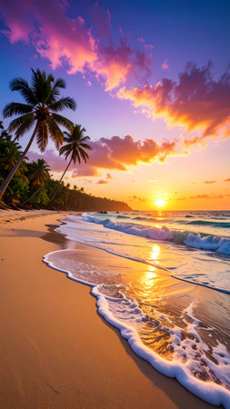 Serene beautiful tropical beach sunset landscape with ocean wave on sand. tranquil paradise vacation scene with colorful sky and palm treeの素材