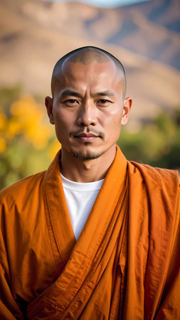 Calm serious portrait of spiritual Asian man, Buddhist monk wearing an orange robe outdoors with mountain background. Peaceful and sereneの素材