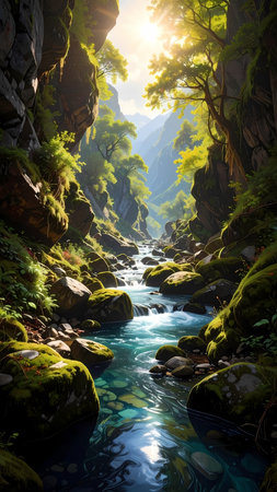 Serene river flows through lush green mountain canyon forest. Sunlight illuminates clear water and mossy rock in this nature sceneの素材
