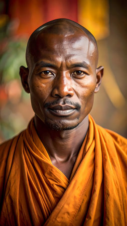 Portrait of calm Buddhist monk. contemplative black man with shaved head wearing an orange robe has serene look inside monasteryの素材