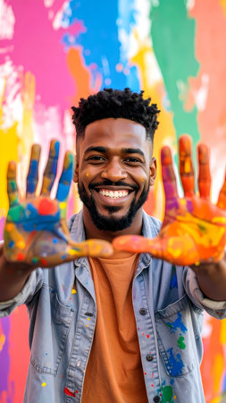 Happy creative man showing colorful paint on his hand, smiling for portrait. fun messy art expression full of joy and vibrant colorの素材