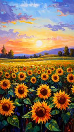 Peaceful painting of sunflower field at sunset. This warm landscape art shows nature beauty with colorful sky and bright sunの素材