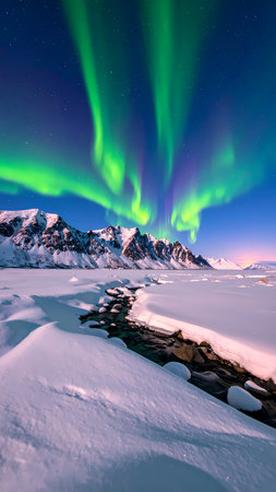 Awe inspiring aurora borealis with green light dancing in night sky over magical winter snow landscape and frozen mountain rangeの素材