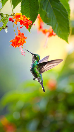 Green hummingbird flying, hovering to feed on nectar from an orange flower. Delicate bird in nature shows beautiful wildlife in motionの素材