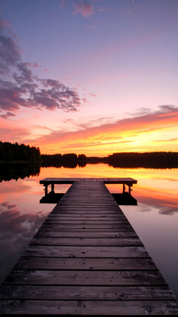 Tranquil wooden dock on calm lake at sunset. beautiful scenic sky and clouds reflect on water creating peaceful viewの素材