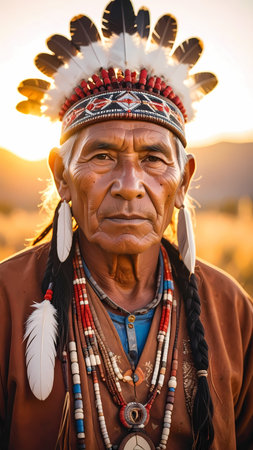 Stoic portrait of native american elder man in traditional feather headdress. His face shows pride and wisdom at sunset, symbol of cultureの素材