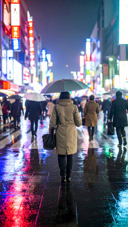 Solitary person with an umbrella walking in rain at night on wet city street. Neon light reflection creates contemplative blurの素材