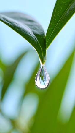 Serene macro of pure water droplet on fresh green leaf. clear dewdrop hangs from plant with blurred natural backgroundの素材