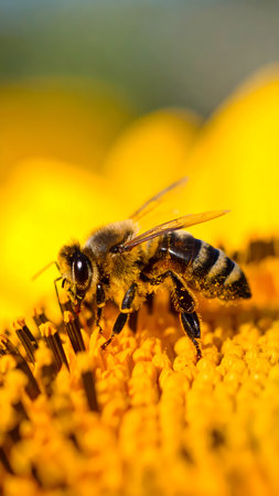 Diligent honey bee collecting pollen on vibrant yellow sunflower. busy insect in summer garden shown in detailed macro photographの素材