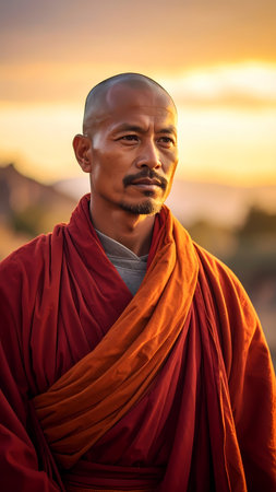 Portrait of serene spiritual Asian monk in deep contemplation. man outdoors in an orange robe during warm golden hour sunset lightの素材