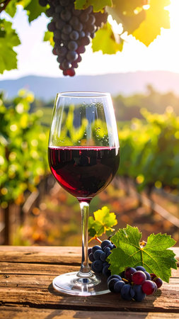 Relaxing glass of red wine on rustic wood table with grape bunch in vineyard, peaceful scene with warm sunlight during harvestの素材