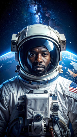 Serious black male astronaut portrait in spacesuit. determined man in outer space with planet earth and galaxy in backgroundの素材