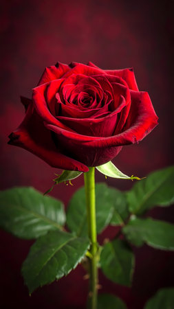 Single red rose flower representing passionate romance and love. beautiful closeup of floral bloom with green stem on dark backgroundの素材
