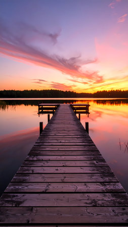 Serene peaceful sunset over calm lake with wooden pier. colorful sky with cloud shows beautiful reflection on water landscapeの素材