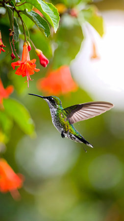 Energetic green hummingbird hovering near red fuchsia flower in vibrant, sunlit garden. peaceful moment capturing wildlife in natureの素材