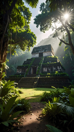 Ancient mysterious temple in green jungle with sunbeam. spiritual pyramid ruin with path through lush foliage, historic discoveryの素材