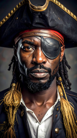 Portrait of serious Black pirate man character in historical costume wearing an eyepatch and tricorn hat, with an intense menacing lookの素材