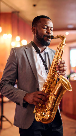 Passionate african american musician man playing jazz music on saxophone. soulful performance by solo artist during live concertの素材