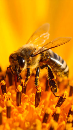 Busy macro shot of honeybee on vibrant yellow flower collecting pollen. Close up detail of an insect showing nature pollinationの素材