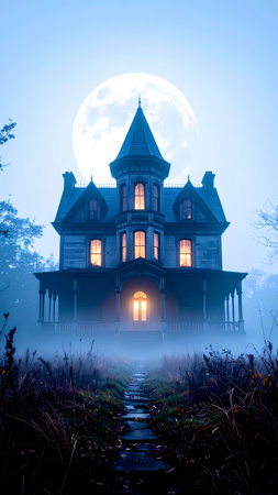 Spooky haunted victorian house at night with full moon. An eerie gothic building shrouded in blue mist with mysterious glowing lightの素材