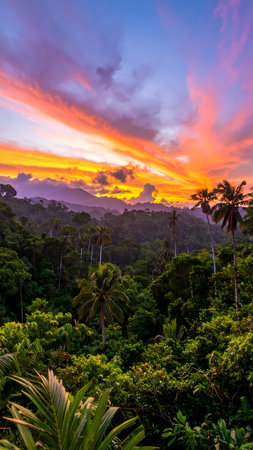 Breathtaking orange sunset sky with cloud over tropical jungle rainforest. beautiful scenic nature landscape view feeling peacefulの素材