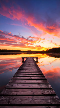 Serene wooden pier on calm lake at sunset. dramatic colorful sky with cloud reflects on water creating peaceful nature sceneの素材